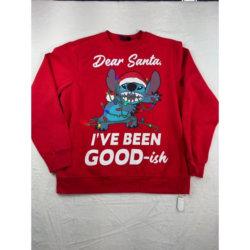 Disney Stitch Light Up Christmas Sweatshirt Red XL Dear Santa I've Been Good-ish